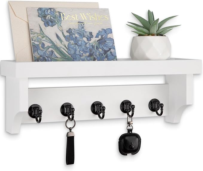 Key and Mail Holder Wall Mount, Key Holder with Shelf and Mail Organizer Wall Mount. Mail Holder with 5 Hooks for Coat, Dog Leash, Home Decor Rack, Entry Way Organizer (White)