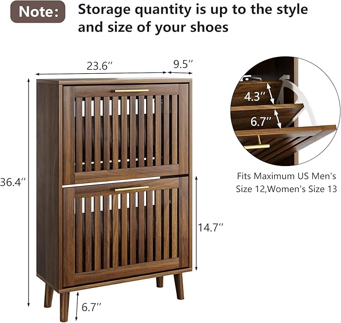 Shoe Cabinet for Entryway, Slim Narrow Shoe Storage Cabinet with 2 Flip Louvered Drawers, Freestanding Shoe Rack Organizer Cabinet for Hallway, Living Room, Walnut (23.6''W)