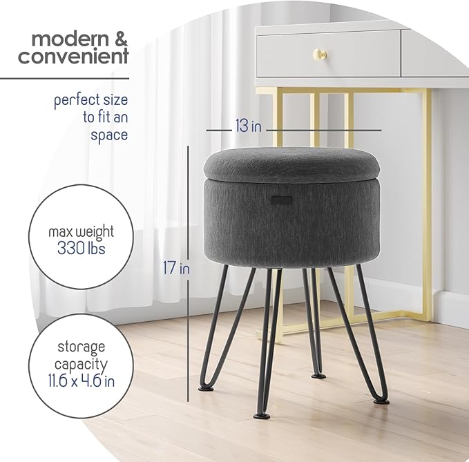 Round Ottoman with Storage, Textured Velvet Storage Ottoman, Foot Stool Ottomans, Makeup Vanity Stool, Small Ottomans Foot Rest, Modern Vanity Stools for Living Room and Bedroom, Grey
