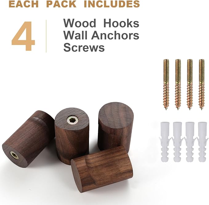 bsdonte Wood Wall Hooks, 4 Pack Wooden Coat Hooks Wall Mounted, Rustic Hat Hooks Heavy Duty Entryway Wall Hangers for Hanging Purse, Towels, Clothes, Backpack