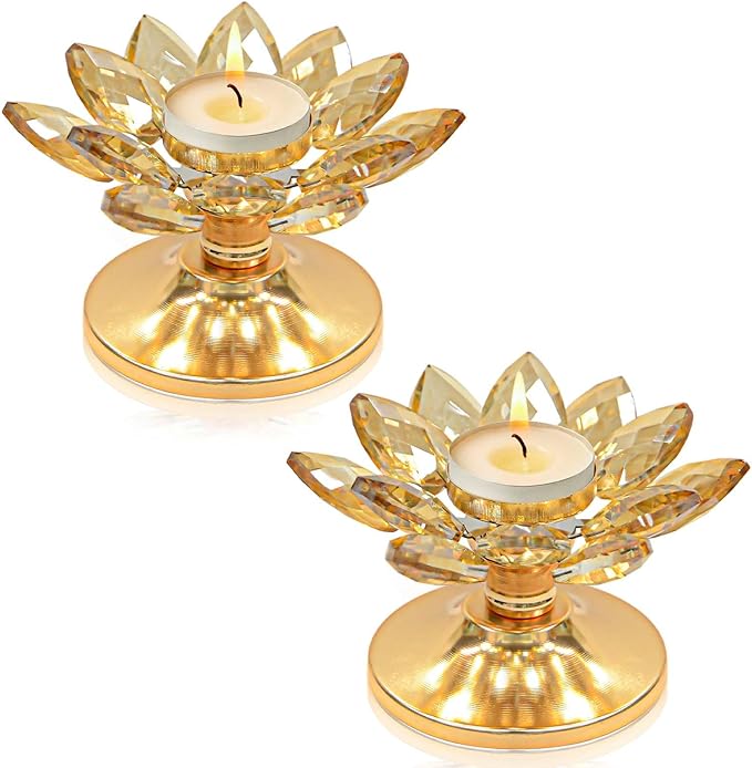 2 PCS Gold Crystal Flower Tea Light Holder, Glass Tealight Candlestick with Metal Base, Votive Candle for Table Centerpiece, Wedding/Parties Decor, Nice Gift