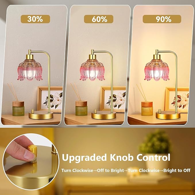 ILLMTW Pink Table Lamp Set of 2,Small Gold Bedside Lamps Dimmable Boho Bedroom Lamp with Tulip Flower Glass Lamp Shade,Vintage Mid Century Modern Mini Nightstand Lamp for Bedroom Living Room