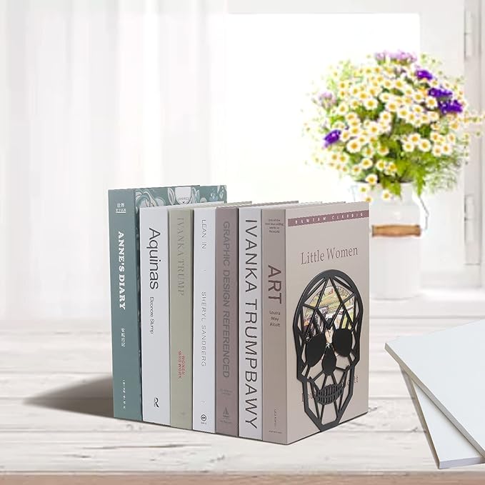 Black Skull Design Bookend Metal Book Ends, Heavy Duty Bookends for Shelves Desk, Skull Book Shelf Holder for Heavy Books, Decorative Desktop Organizer Home Office (1Pair)