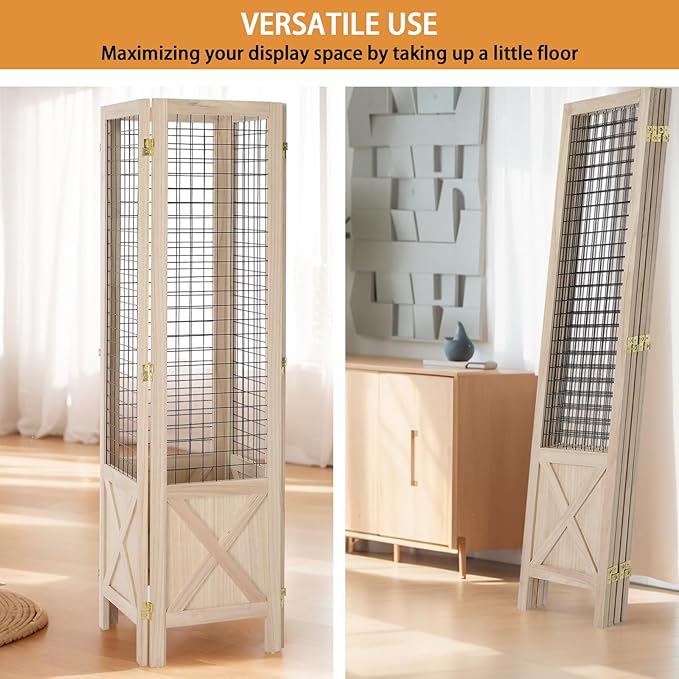 VINGLI Room Divider Freestanding Gridwall, 4 Panel Folding Display Board Organizer with Base Feet, Decorative Wooden Frame Wire Grid Screens for Craft Shows Events Retail (Natural, 5.5'×6')