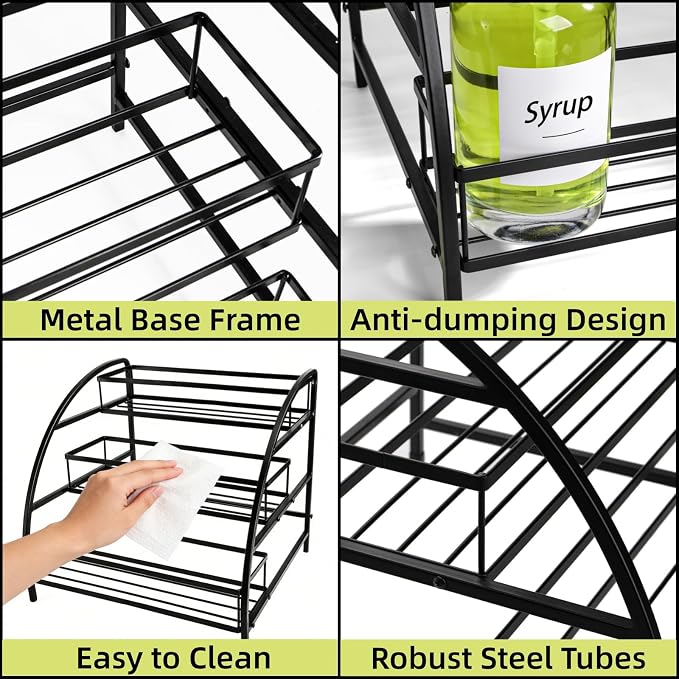 Cididu Coffee Syrup Organizer Rack, 9-12 Bottles Syrup Stand Holder for Countertop, 3 Tier Metal Small Wine Rack, Bottle Storage Shelves for Coffee Bar Station, Kitchen, Spice, Soda, Dressing