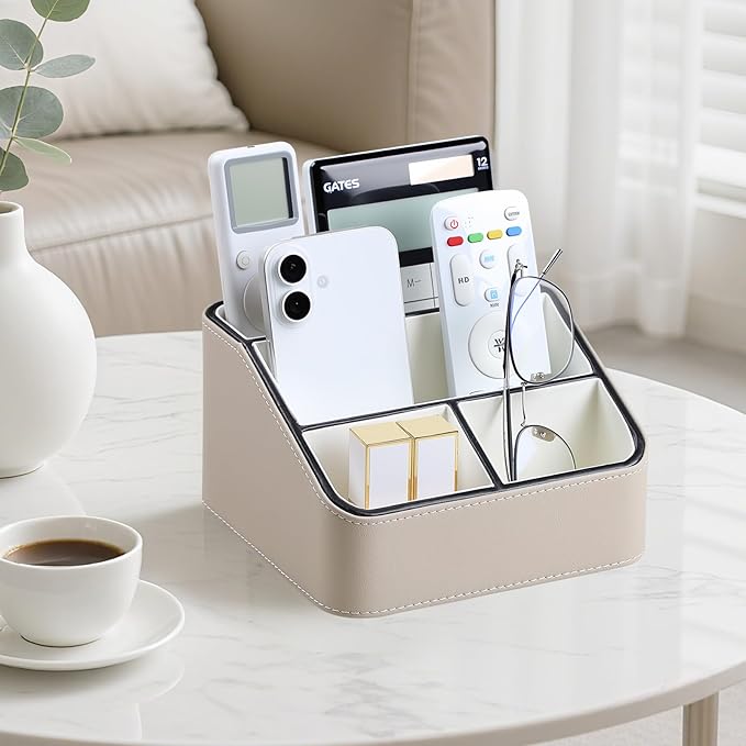 Remote Control Holder, PU Leather Small Desk Organizer with 4 Compartments, Nightstand Organizer Office Desk Accessories Desk Caddy for Countertop Bedside End Table (Beige)