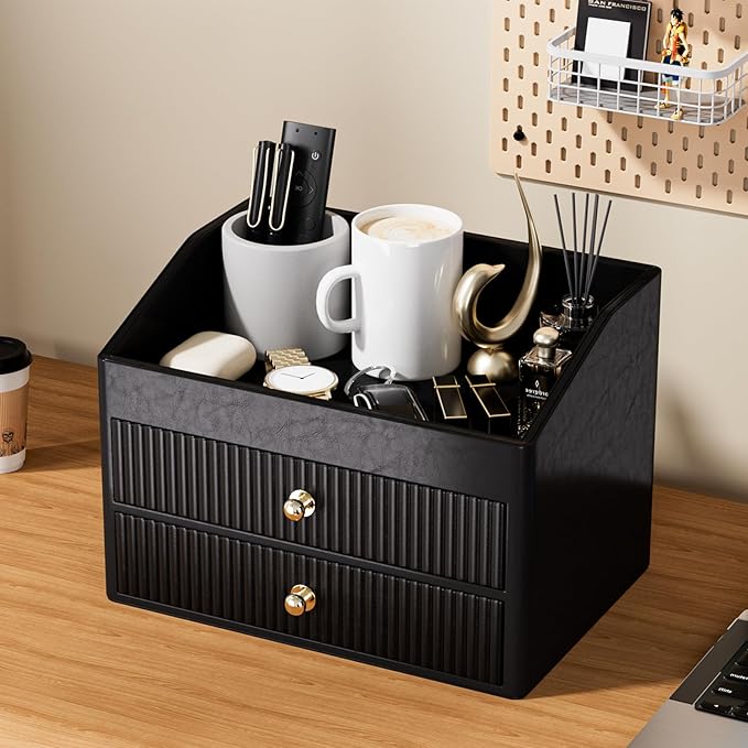 LADSTAG Office Supplies,Black Vegan Leather Office Organization with 2 Drawers & Tray,Glasses Holder with Gold-Tone Metal Accents Knob for End Tables,Bedside Table,Bedroom