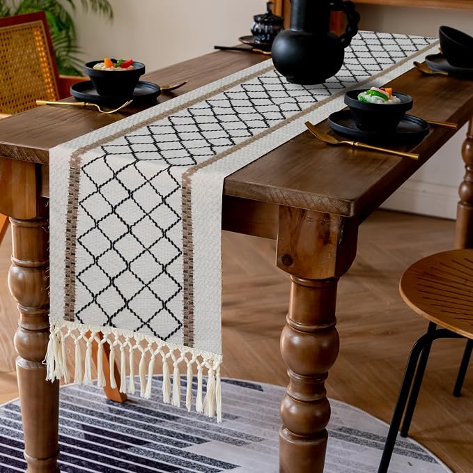 EMMTEEY Macrame Table Runner Boho Style - Scratch & Heat Resistant, Hexagonal Grid Cotton Linen Table Runner with Tassels for Home Decor/Bedroom (12"X36", Black)