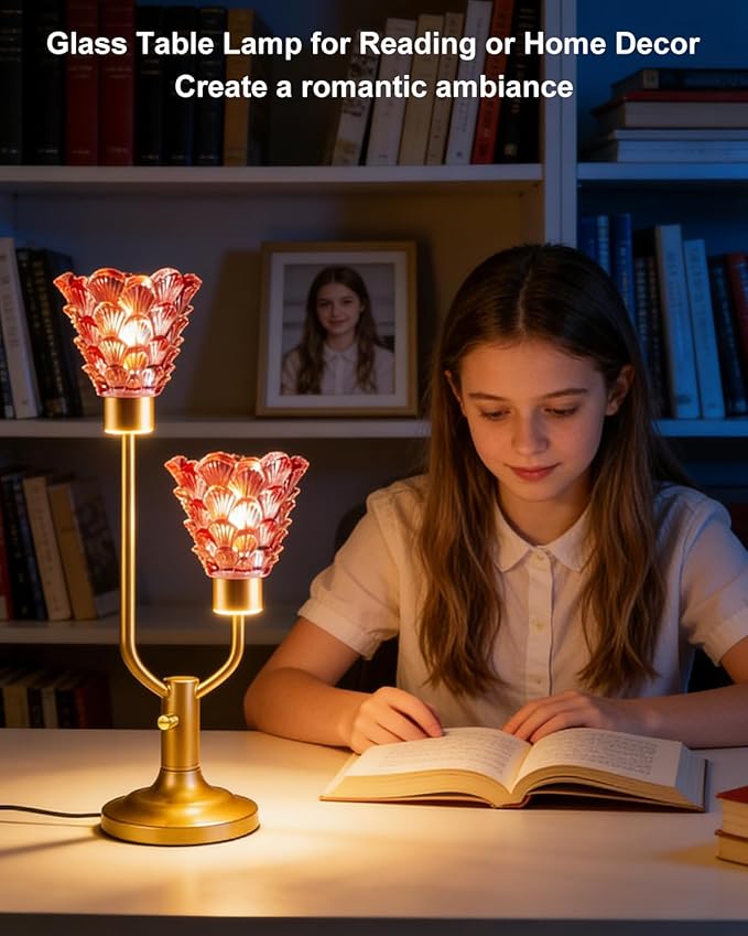 Lightdot Glass Red Table Lamp Dimmable Mid Century Modern Gold Desk Lamp with Shell Flower Shades 2 Bulbs Included 3000K Warmwhite Nightstand Ambience Lamp for Bedroom Bedside Living Room