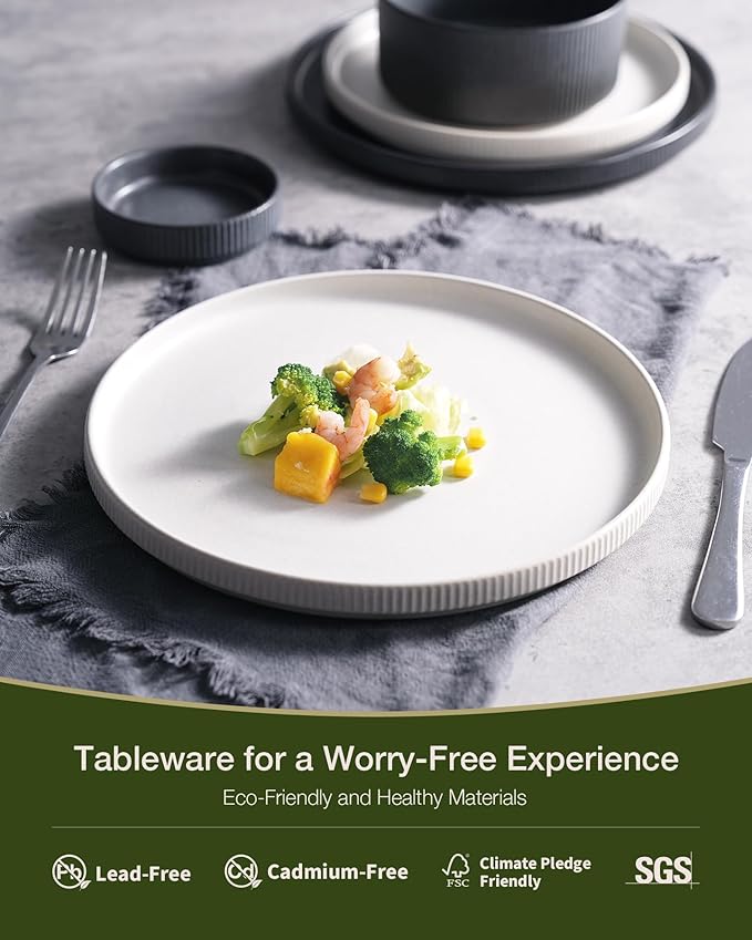 Famiware Star 12-Piece Stoneware Dinnerware Sets for 4, Reactive Glaze Plates and Bowls, Modern Rustic Dishes for Everyday/Formal Use, Chip/Scratch Resistant, Microwave/Dishwasher Safe, White & Black