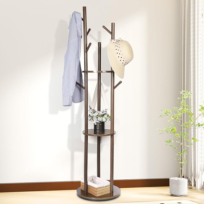 Wood Coat Rack with 3 Shelves and 9 Hooks, Freestanding Heavy Duty Rotary Coat Tree for Entryway, Bedroom, Living Room, Hallway – Holds Jackets, Coats, Hats, Bags (Walnut)