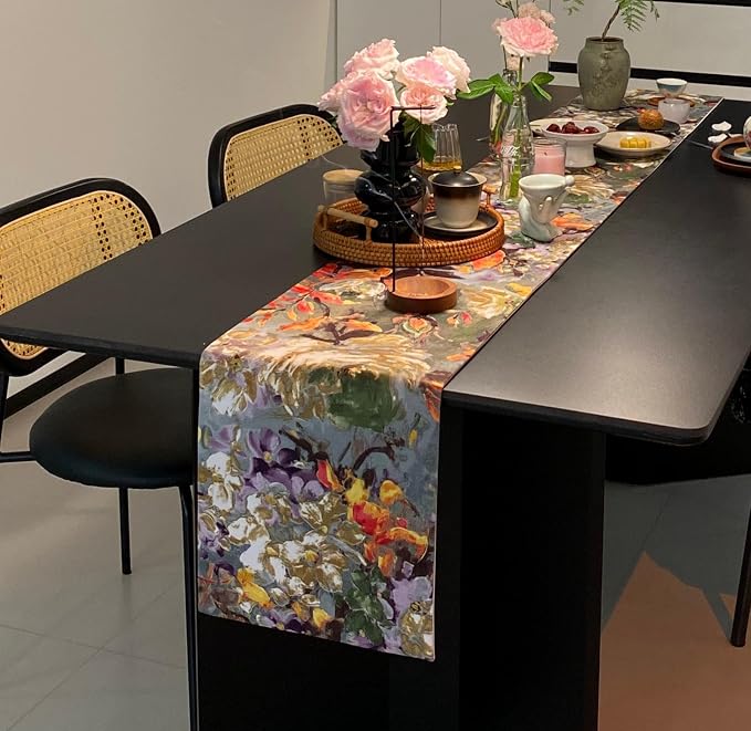 Rustic Cotton Polyester Green Table Runner, Waterproof Seasonal Print Floral Table Runner Kitchen Dining Table Decoration for Home Party Decor 12x48 Inch