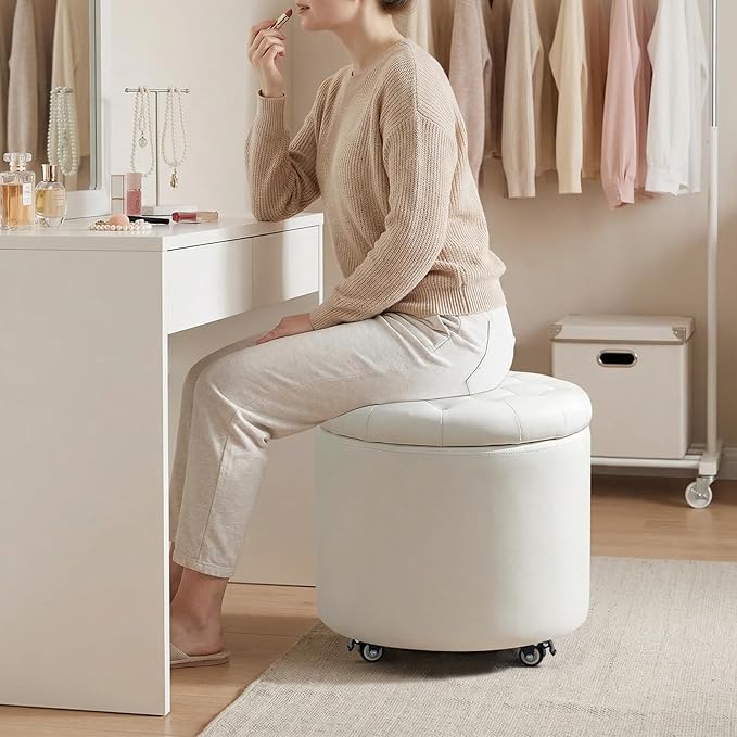 Furniliving Upholstered Button Tufted Round Ottoman with Wheels, PU Storage Ottoman Round, Removable Lid Convenient Footstools, Classic Ottoman with Storage for Vanity, Nursery Room, IvoryWhite
