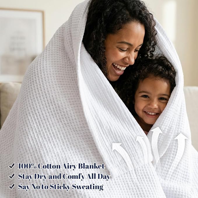 PHF 100% Cotton Waffle & Muslin Throw Blanket Large, Soft Breathable Luxury 400GSM Versatile Reversible Bedding for Couch, Great for Layering in Cold Weather, Home Decor Gift, 50" x 70", White