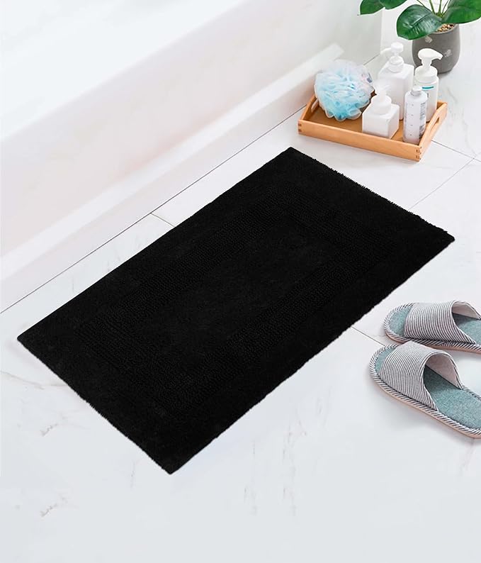 COTTON CRAFT Luxurious Bath Mat Rug - Set of 2 Reversible Heavyweight Step Out Bath Mats for Bathroom Floor, Tub and Shower - Pure Cotton Soft Plush Absorbent Tufted Racetrack Mat - 17x24 inch - Black