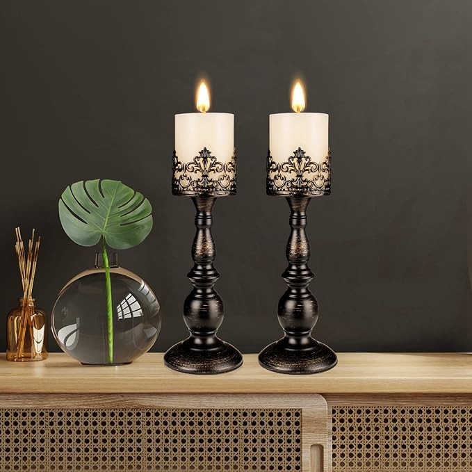 Candle Holders for Pillar Candles Gothic Distressed Black Vintage Tall Candle Holders Set of 2 Decorative Large Table Centerpieces Candle Stand Decor (Distressed Black 2PCS A)