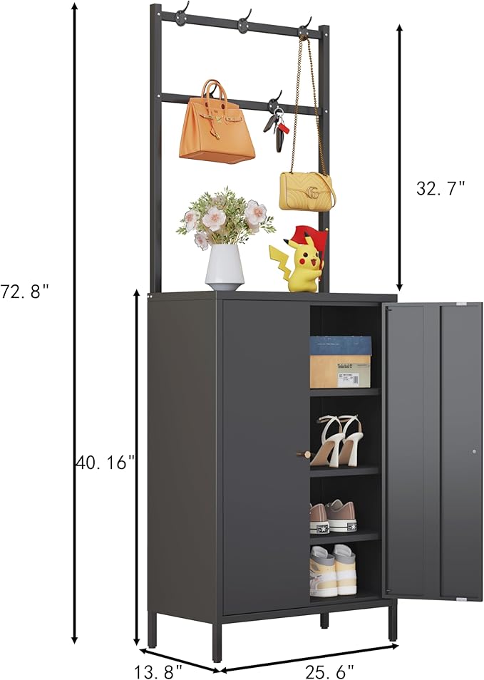 2in1 Hall Tree Shoe Cabinet for Entryway, Hallway, and Living Room,Metal Shoe Coat Rack Cabinet with 3 Adjustable Shelf,Shoe Storage Organizer with Hanging Bar & Hooks (Cabinet With Coat Rack, black)