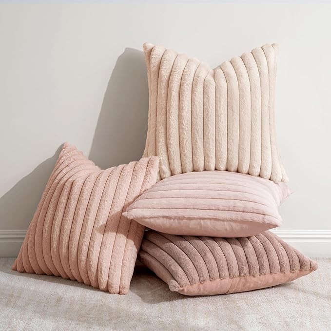 MIULEE Faux Fur Plush Decorative Throw Pillow Covers 18x18 Set of 4, Valentine's Day Cute Modern Soft Romantic Fuzzy Striped Cushion Covers for Sofa Couch Bed Living Room Cozy Home Decor,Pink