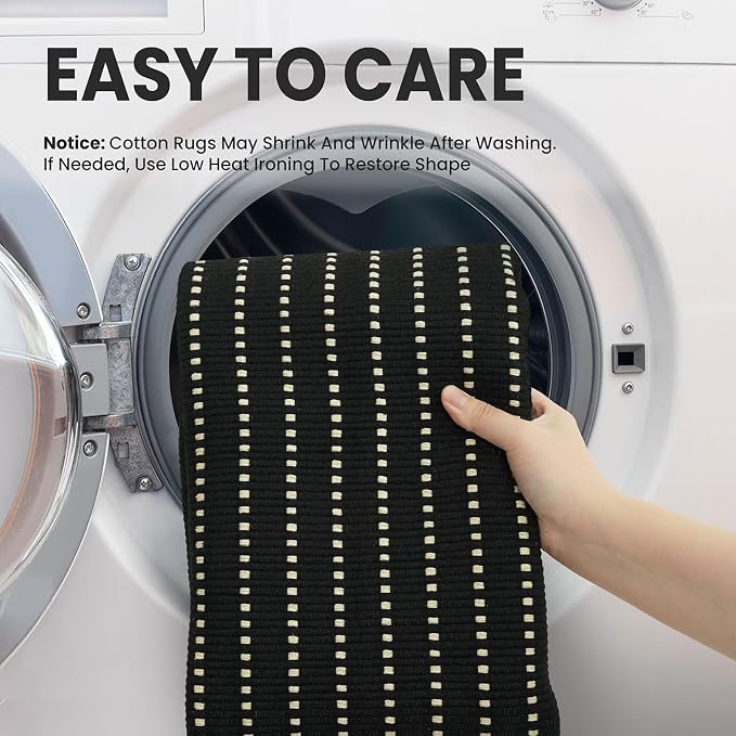 EARTHALL Small Area Rug 2x3 Ft Washable Rugs for Entryway Non Slip Braided Throw Rugs Door Mat Indoor Outdoor Entrance Cotton Woven Carpet for Kitchen Foyer Front Door, Black/Cream