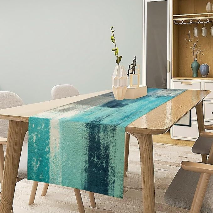 Teal Peacock Blue Abstract Art Contemporary Table Runner,Modern Neutral Decorative Pattern Table Runner for Coffee Table Dining Room Table Bedroom Party Holiday Decor 13x36inch