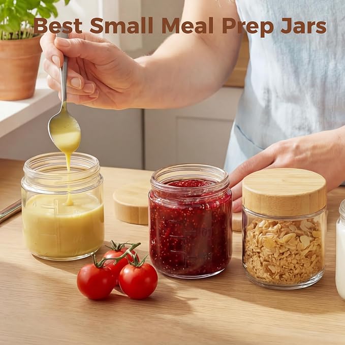 HomArtist 4oz Glass Salad Dressing Containers with Bamboo Lids - 3 Pack Small Airtight Condiment Cups, Mini Sauce Jars for Picnic, Ketchup, Dip & Snacks, Leakproof, BPA-Free & Dishwasher Safe