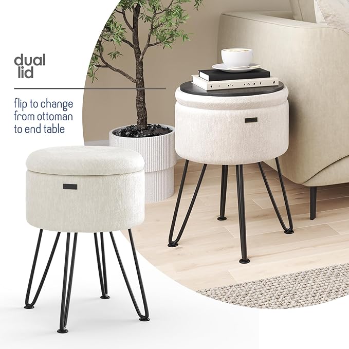 Round Ottoman with Storage, Textured Velvet Storage Ottoman, Foot Stool Ottomans, Makeup Vanity Stool, Small Ottomans Foot Rest, Modern Vanity Stools for Living Room and Bedroom, Cream