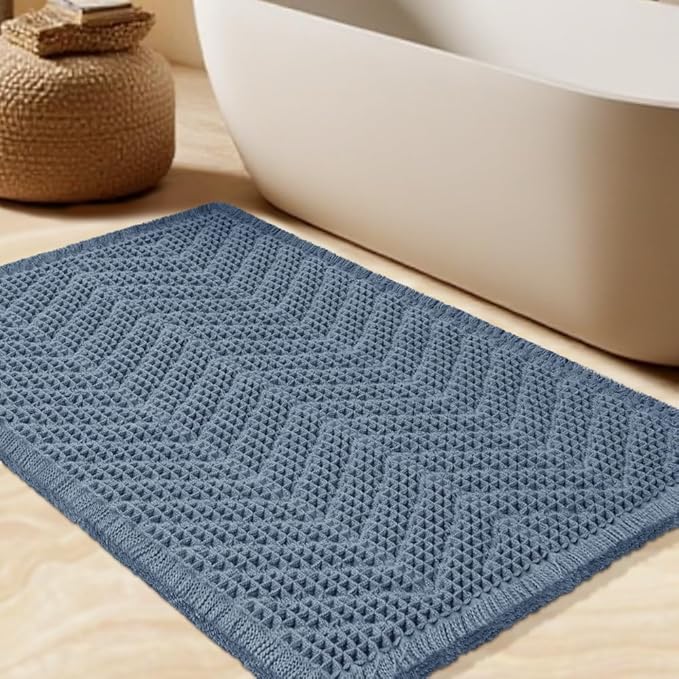 Upgrade Waffle Bath Mat, Boho Bathroom Rugs Absorbent Non Slip, Ultra Soft Bathroom Mat, Machine Washable Knit Bath Rugs with Herringbones for Bathroom, Bedroom, Kitchen, Shower, Tub, 32"x20", Blue