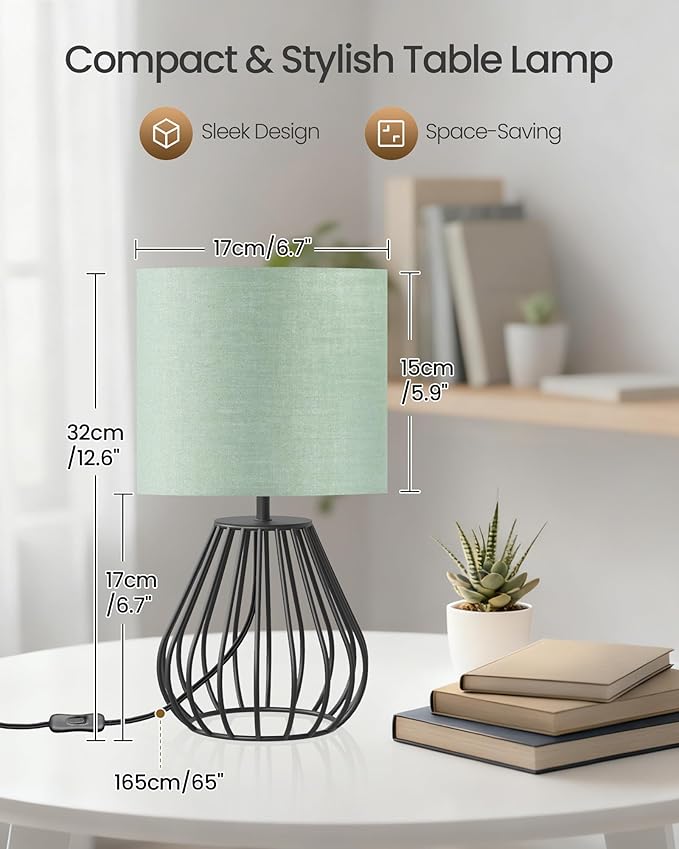 Green Table Lamp, Small Sage Green Lamp with Linen Shade & Black Metal Base, Modern Nightstand Lamp, 2700K LED Bulb Included, Cute Desk Lamp for Kids Room, Bedroom, Living Room, J06TL05