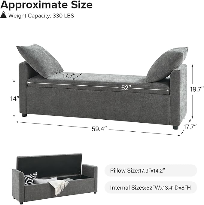 EcoHarbor Storage Ottoman Bench with Pillows, 59.4" End of Bed Bedroom Bench with Arms, Footrest Stool for Living, Dining Room, Entryway and Hallway, Charcoal