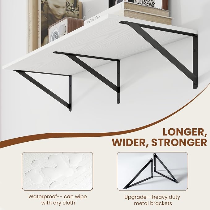 Heimlove White Deep Floating Shelves for Wall, 32W x 12D Wood Wall Shelves Set of 2, Wide Floating Bookshelf for Living Room, Kitchen, Office, Bedroom and Decor Storage, with Black Bracket - White