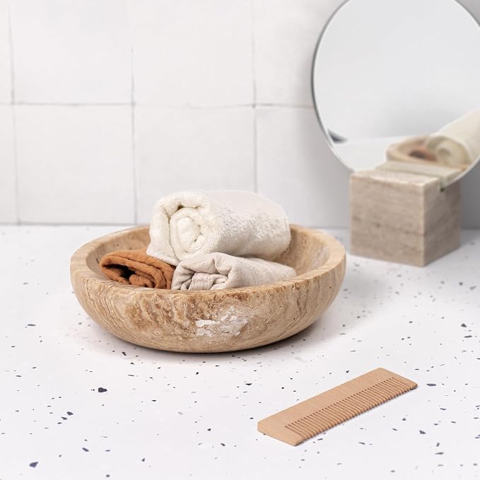 Shelf & Nook Travertine Decorative Bowls for Home Decor. Key Bowl for Entryway Table in a Choice of 5 Colors (Natural (Beige), Small)