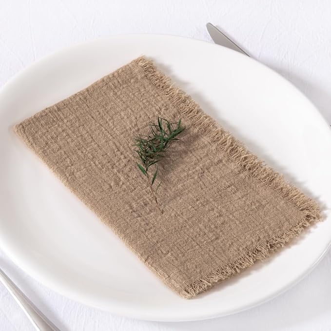 MLMC 6 Pack Nude Cloth Napkins with Fringe Boho Linen Napkins Washable Reusable Rustic Dinner Table Decor 17"×17" for Wedding Party Bridal Baby Shower Home Decor
