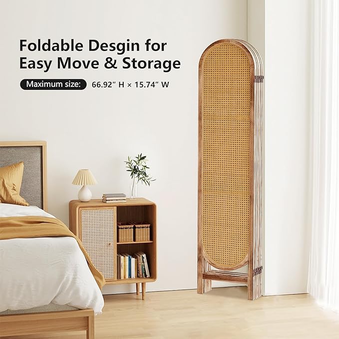 6 Panels Room Divider, Foldable Wooden Room Divider, Individual Privacy Screen Made of Hand-Woven Rattan, Portable Wall Divider for Home Office Bedroom Bathroom Dressing Room (Natural)