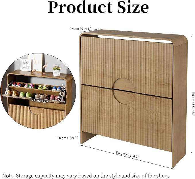 Narrow Shoe Cabinet for Entryway, Fluted Entry Way Shoe Storage Cabinet with 2 Flip Drawers Doors, Slim Hidden Shoe Rack Organizer for Entrance, Foyer, Hallway, Wood, 2 Tier