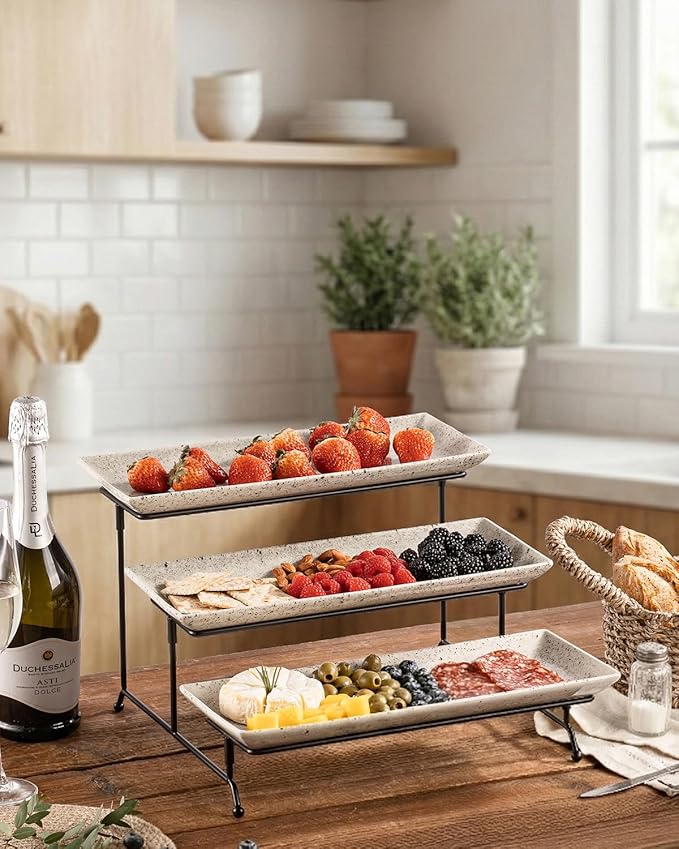 LAUCHUH 3 Tier Serving Trays for Party, 14 inch Porcelain Tiered Tray Stand Serving Platter with Collapsible Sturdier Rack Serving Dishes for Mother's Day Entertaining, Speckled Glaze
