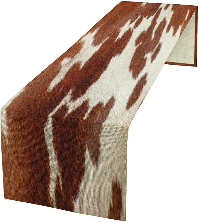 Cow Print Table Runner, Rustic Country Farmhouse Animal Fur Skin Western Farm Brown Cowhide Print Dinner Runner for Home Kitchen Dining Table Decoration 13x70 Inch