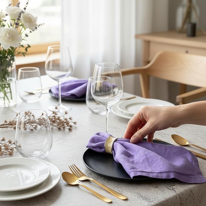 Hemstitched Linen Napkins – 20 Inch x 20 Inch – Stonewashed Pure Linen Cloth Dinner Napkins with Mitered Corners - 100% French Flax – Machine Washable - Set of 4 (Dusty Pastel Purple)