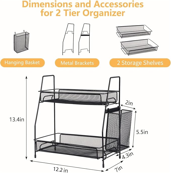 Bathroom Organizer with Basket, 2-Tier Bathroom Tray for Countertop Storage Shelf, Bathroom Counter Organizer, Vanity Organizer and Storage Kitchen Counter Organizers Spice Rack