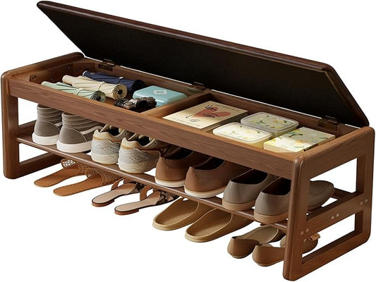 AQIMUELE Shoe Rack Bench,2 Tiers Shoe Bench with Storage with Flip-Top,Wood Shoe Rack for Entryway,Hallway（Dark Walnut Upholstered Seat,11.8" D x 39.3" W x 15.7" H）