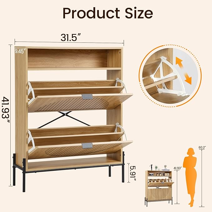 FurSch Fluted Shoe Cabinet with 2 Flip Drawers, Narrow Shoes Storage Organizer Rack with Circle Design Panel for Entryway Hallway (Natural)