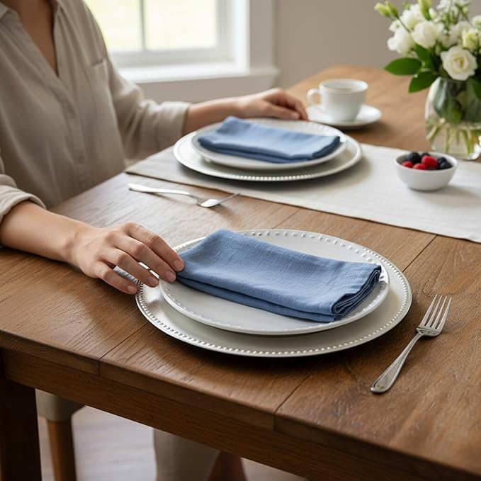 Linen Napkins –100% French Flax – Stonewashed Pure Linen Cloth Napkins - Size 18 Inch x 18 Inch – Set of 4 (Dusty Pastel Blue)