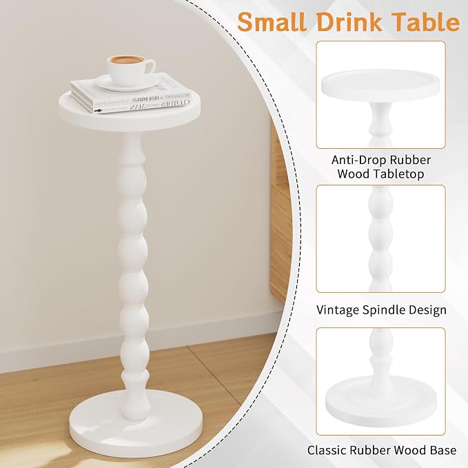 Solid Wood Drink Table, Rubber Wood‌ Small Round Side Table for Small Spaces, Martini Tables, Pedestal End Tables for Living Room, Bedroom, Corners, and Office (White, 9.4 inch)