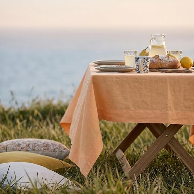 Solino Home Linen Tablecloth for Rectangle Tables 60 x 120 Inch - 100% Pure Linen Peach Table Cloth - Fete, Machine Washable Cloth Tablecloth for Summer
