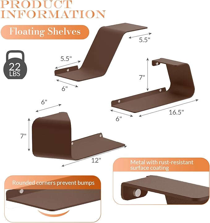 Sttoraboks Floating Wall Shelves Set of 3, Metal Mounted Shelf with Unique Design, Bookshelf for Storage & Display in Bathroom, Bedroom, Kitchen, Living Room, Brown Home Decor