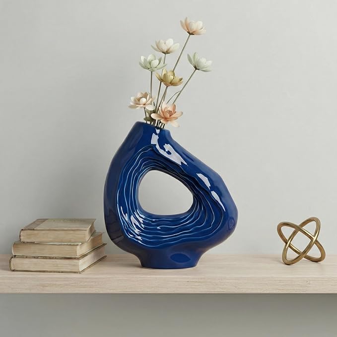 Sunddo Blue Ceramic Vase for Home Decor - 9 Inch Modern Flower Vase, Boho Donut Decorative Vase for Flowers, Living Room Bedroom, Wedding, Table Centerpiece
