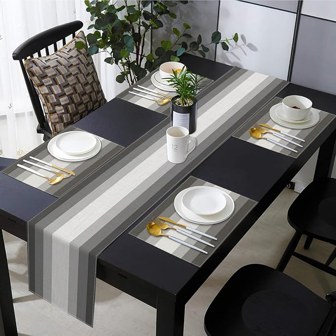 Emvency Grey Gradient Table Runner and Placemats Set of 6, Modern Abstract GeometricPainting Art Dining Decor for Daily Use(1 Table Runner 72 inches Long and 6 Placemats)