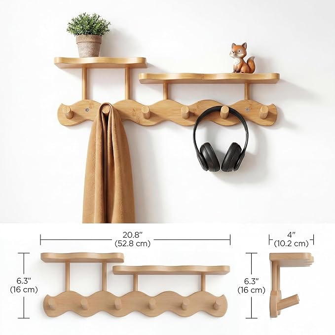Wave-Shaped Bamboo Coat Rack Wall Mount with Shelves - Modern Decorative Wall Hooks for Entryway, Bathroom & Bedroom,Eco-Friendly Organic Wood Wall Mounted Rack for Hanging Coats, Bags, Keys 6 Hooks