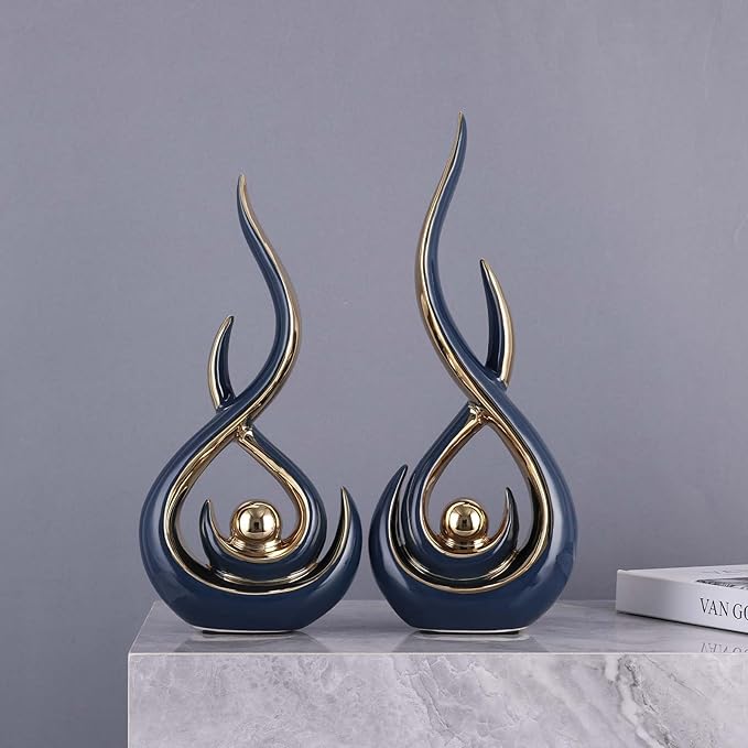 Abstract Ceramic Modern Sculpture, Knick Knacks Statues for Living Room, Shelf, TV Stand, Coffee Table, Dining Room, Office, Bedroom, Home Decor, Centerpiece, Great Gift Idea (Blue Gold)