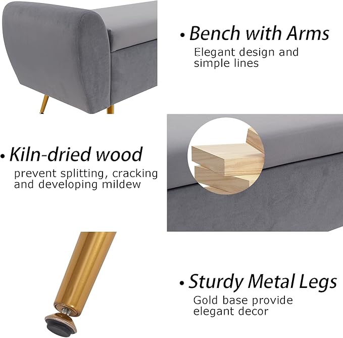 Storage Bench for Bedroom, 55" Extra Long Bench for King Size Bed, Modern Upholstered End of Bed Ottoman Bench with Arms for Entryway Living Room (Velvet, Dark Grey)