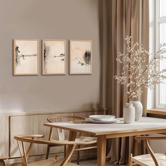 skysoon Minimalist Zen Wall Art Set of 3, Abstract Ink Landscape Canvas Prints, Neutral Pine Tree and Bird Artwork, Modern Japanese Scandinavian Wall Decor for Living Room Bedroom Office 12x16 Inch